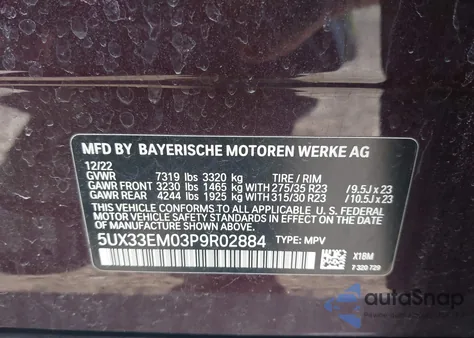 2023 BMW X7 M60I из США, поврежденный, VIN 5UX33EM03P9R02884